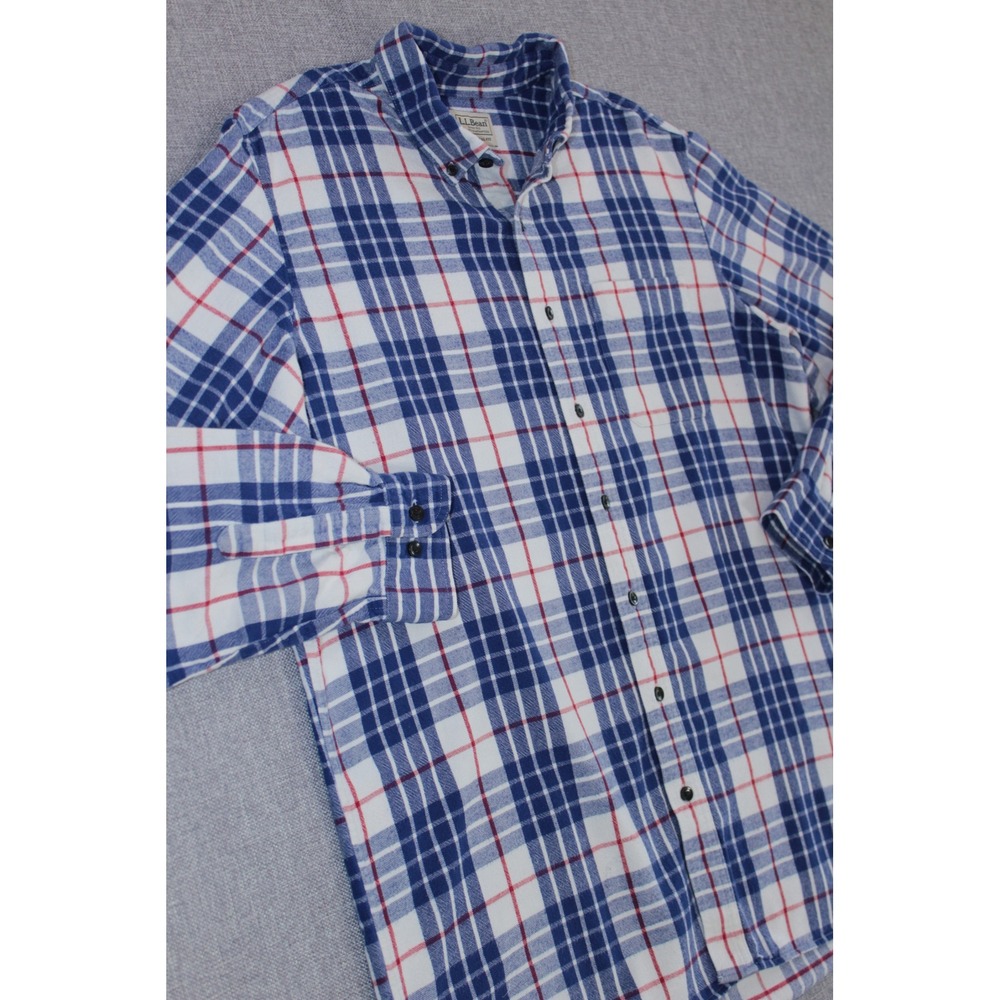 LL Bean Flannel Shirt Traditional Fit Men Large Tall Blue Plaid Cotton Excellent
